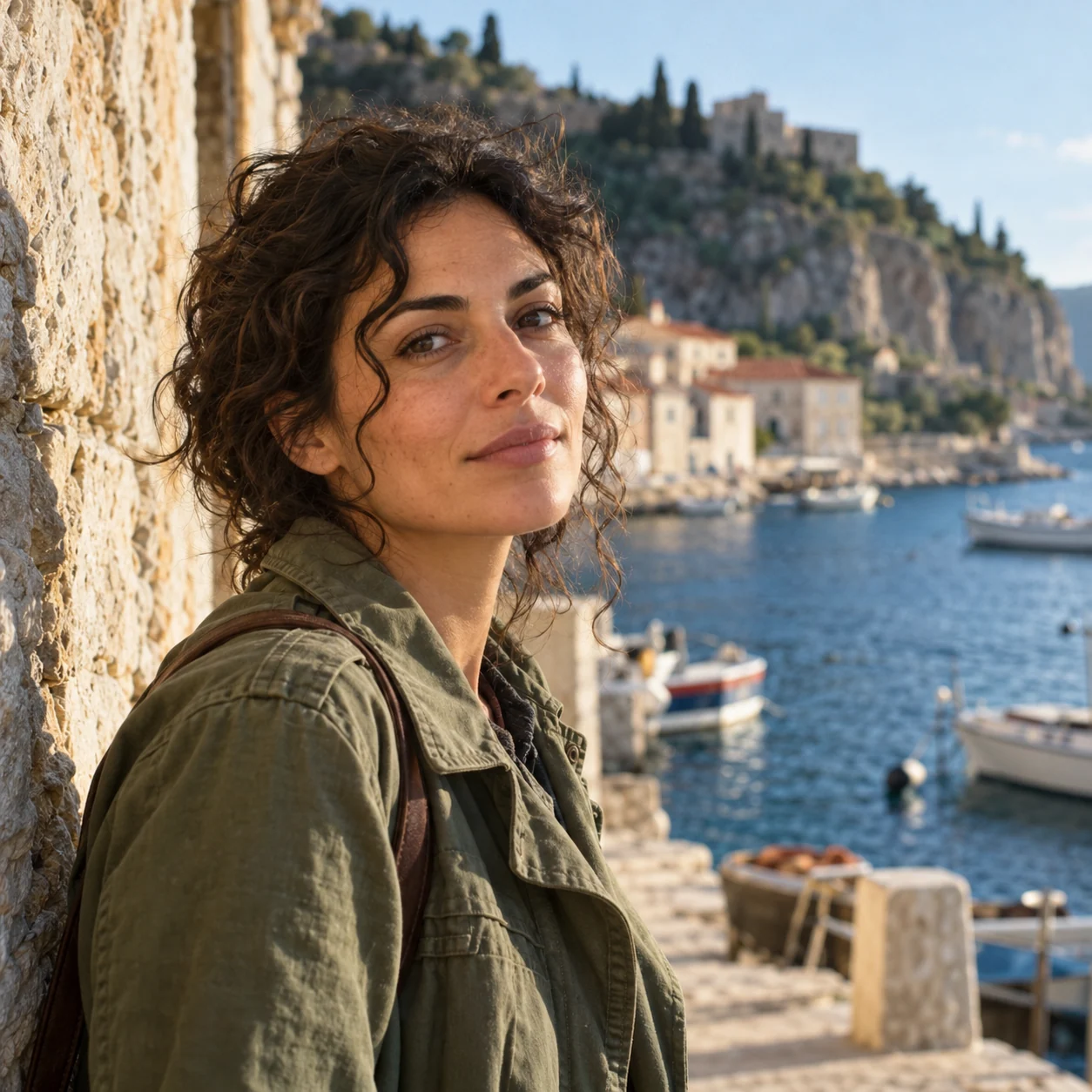 A fictional travel writer in a green jacket beside a sunlit harbour