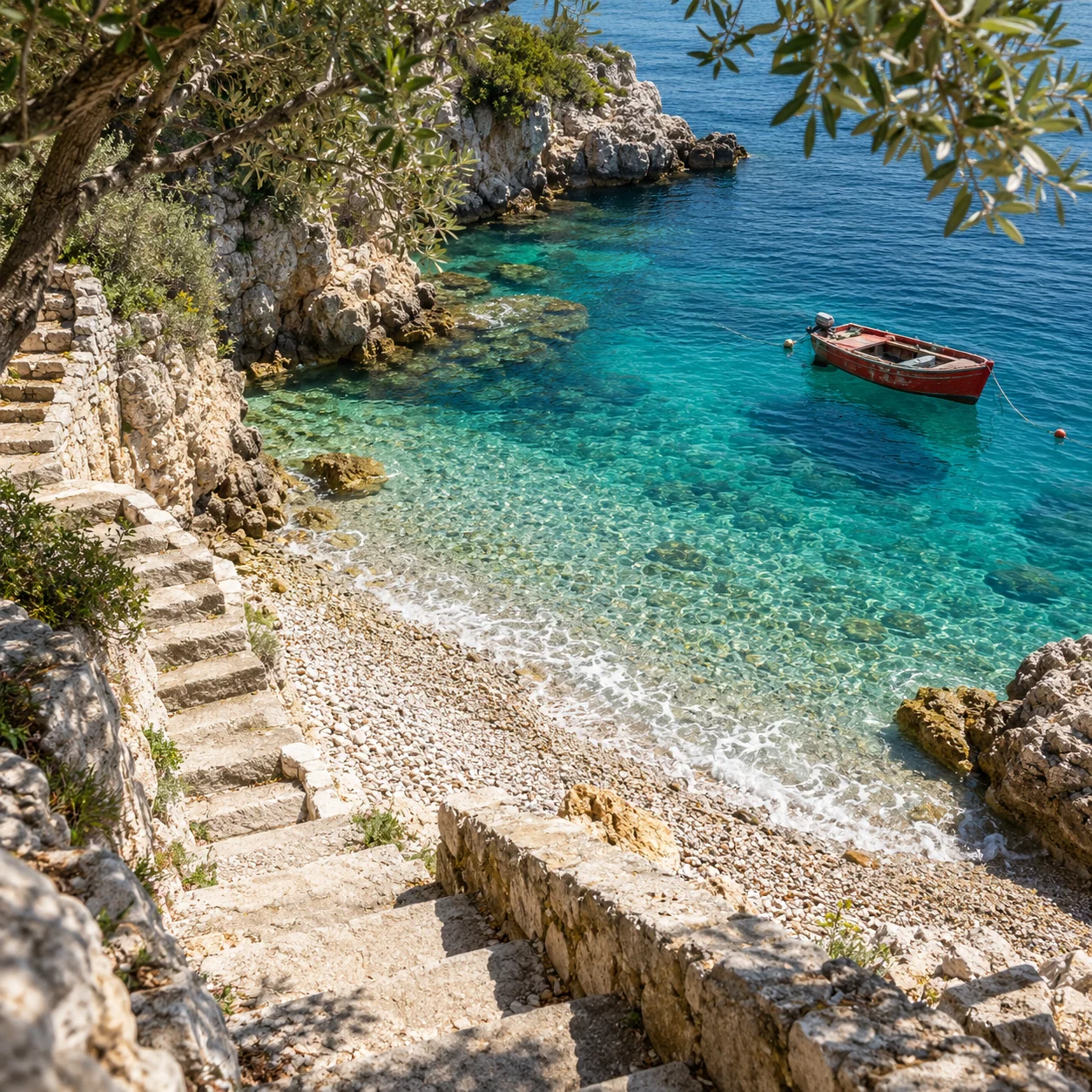 Stone steps descending to clear Adriatic water and a small red boat