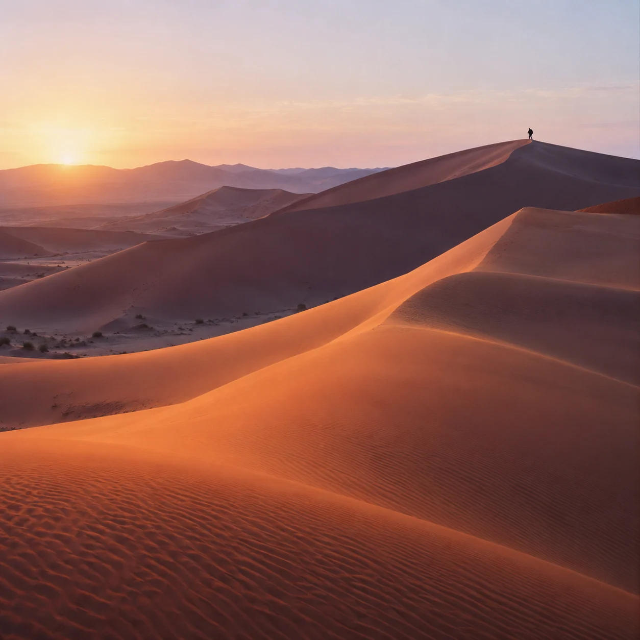 Copper dunes and a distant walker on a Sahara ridge at dawn