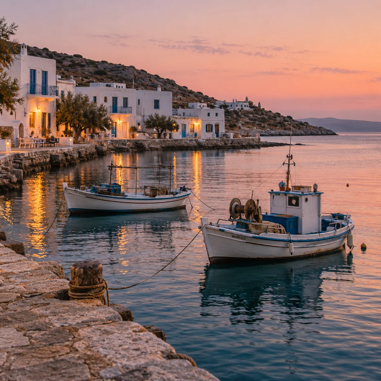 A small whitewashed island harbour under a pink evening sky
