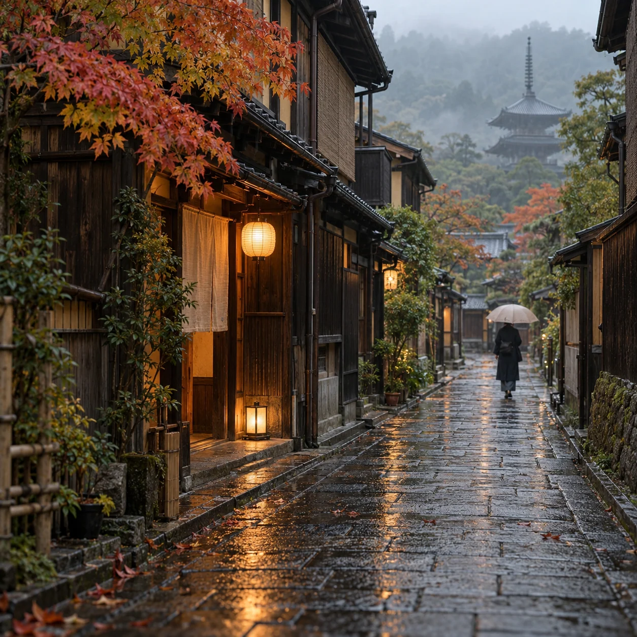 A quiet wooden Kyoto street with wet paving and a warm lantern