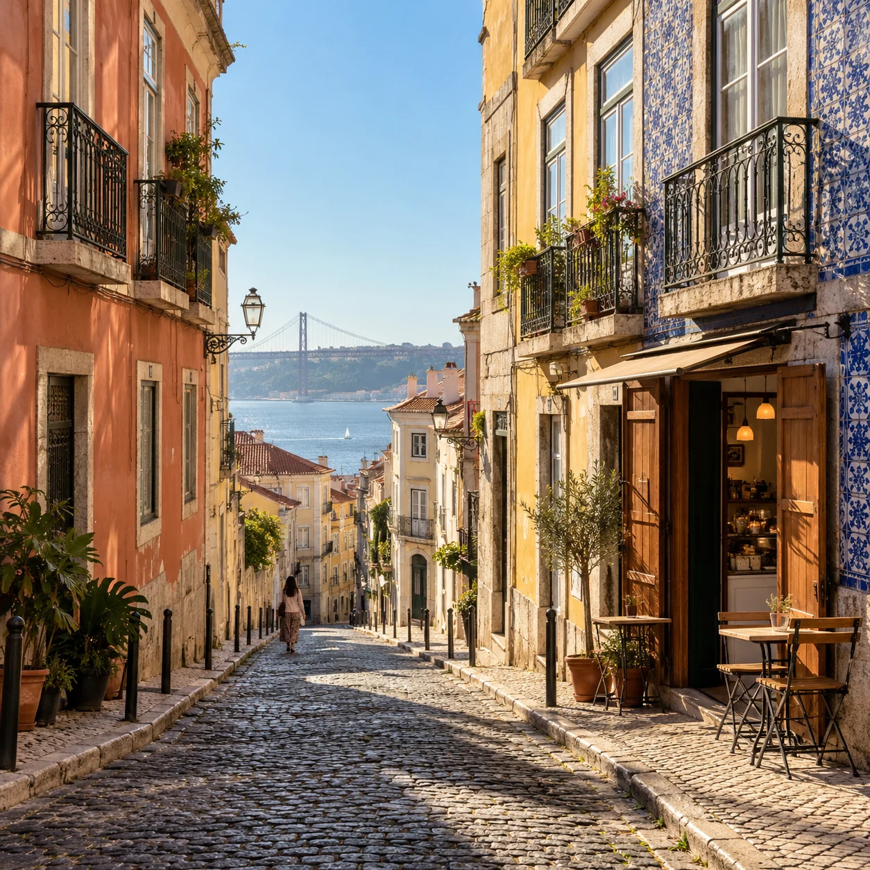 A warm yellow Lisbon lane with blue tiles and long morning shadows