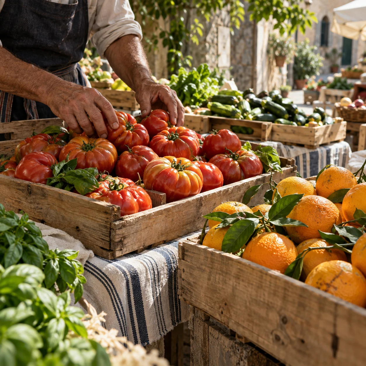 Colourful tomatoes and citrus in a sunlit Mediterranean produce market