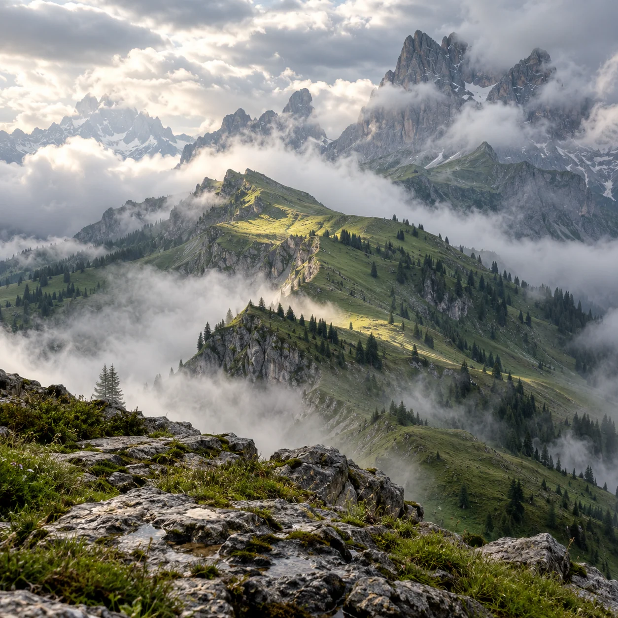 Green mountain ridges emerging from low cloud after a rain shower