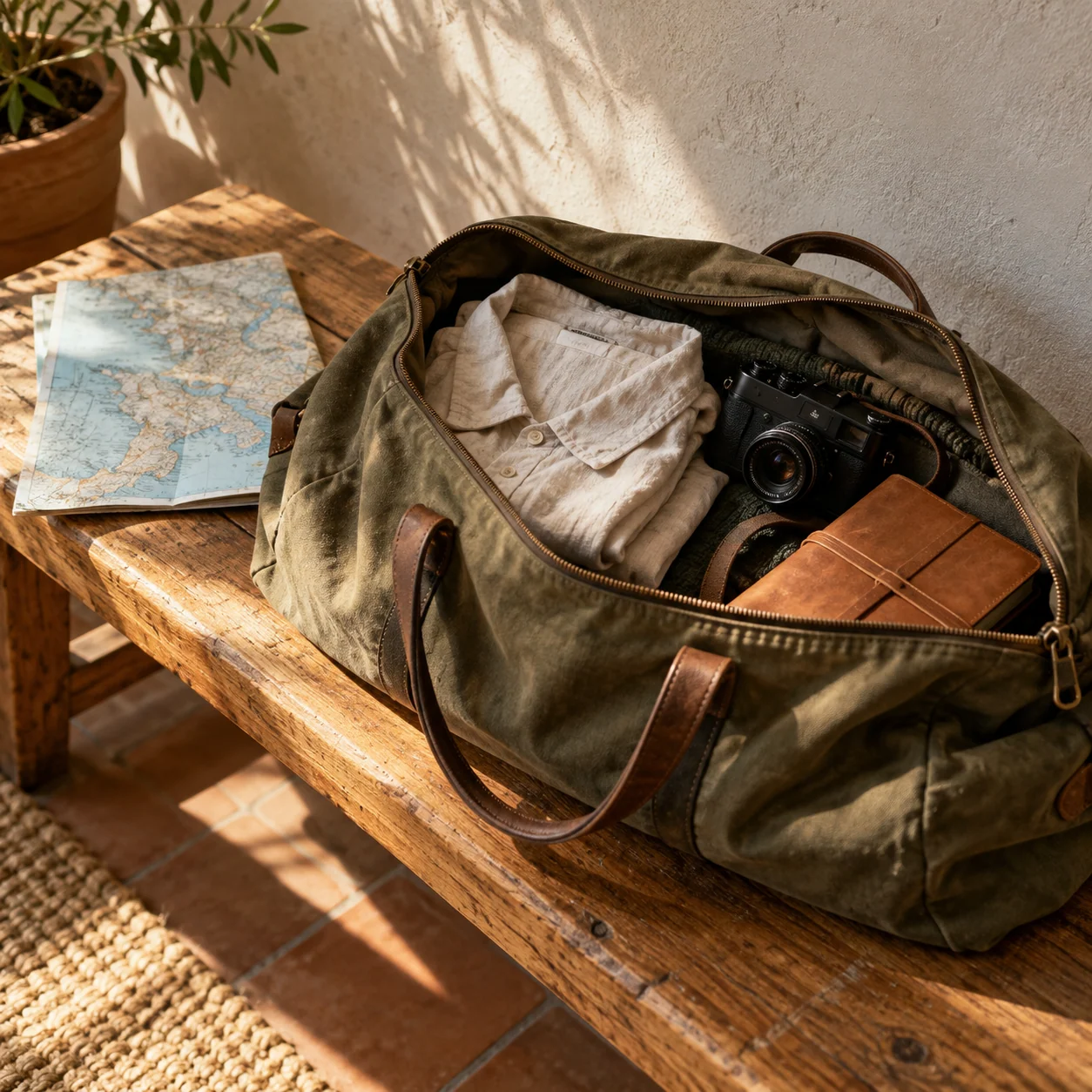 A small canvas travel bag with a linen shirt, notebook and compact camera