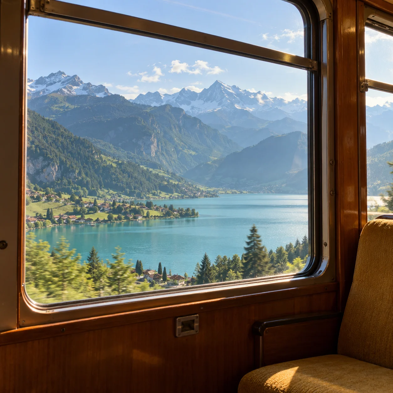 An Alpine lake and mountains seen through a warm wooden train window